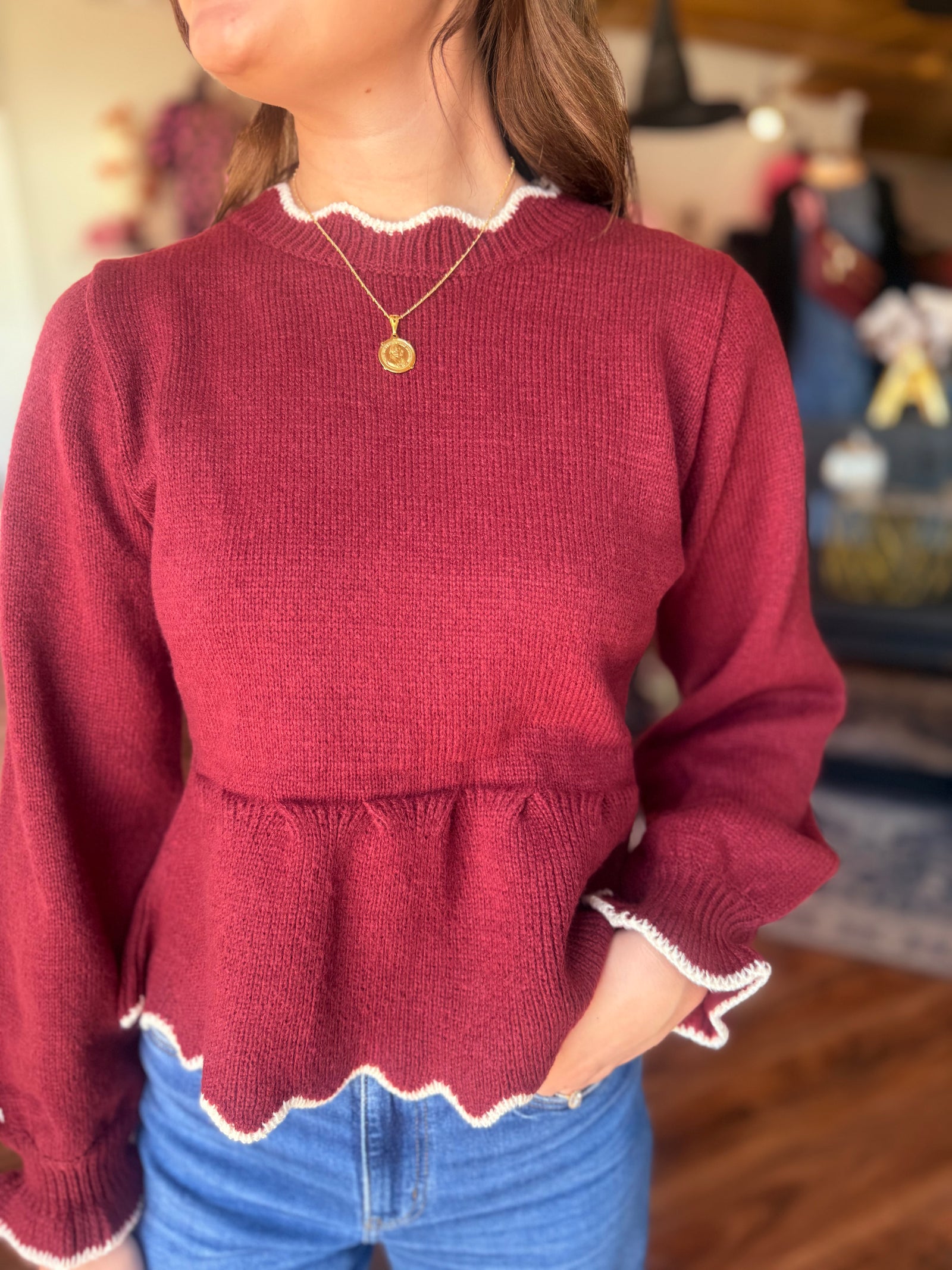 Listicle Merlot Scalloped Hem Peplum Knit Sweater