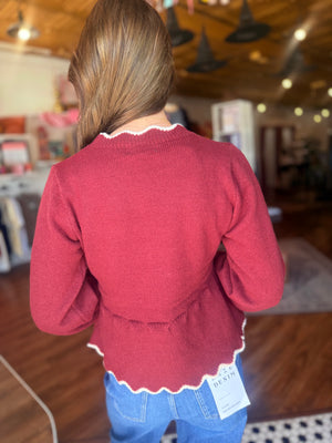Listicle Merlot Scalloped Hem Peplum Knit Sweater
