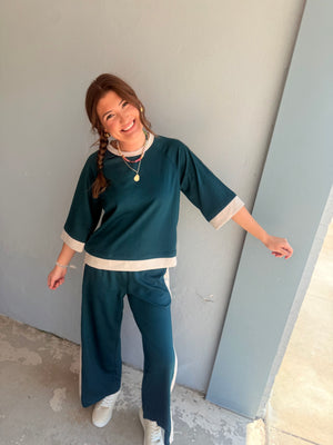 Umgee Teal Luxe Knit Color Block Stripe Straight Pants