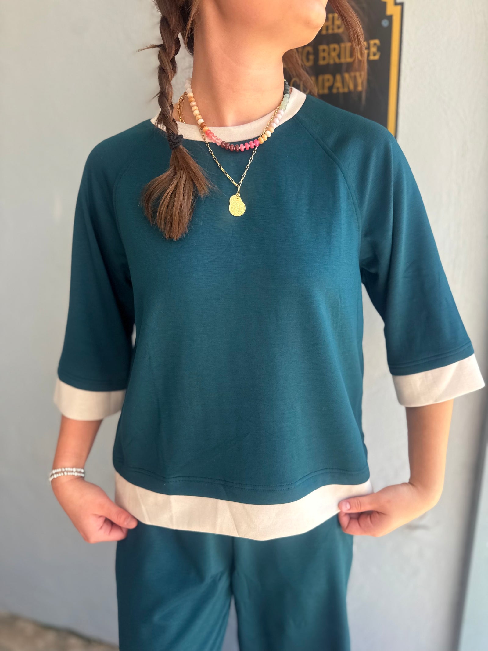 Umgee Teal Luxe Knit Color Block Raglan Sleeve Top