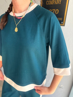 Umgee Teal Luxe Knit Color Block Raglan Sleeve Top