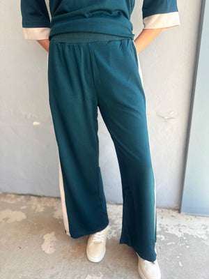 Umgee Teal Luxe Knit Color Block Stripe Straight Pants