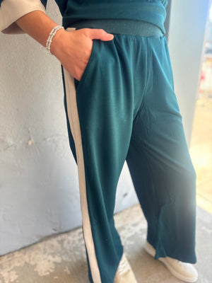 Umgee Teal Luxe Knit Color Block Stripe Straight Pants