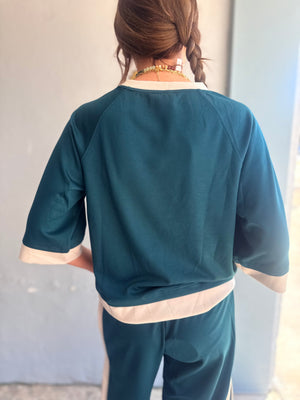 Umgee Teal Luxe Knit Color Block Raglan Sleeve Top