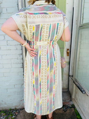 Textured Embroidered Midi Shirt Dress - Multi