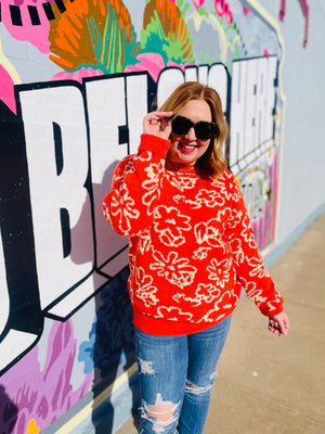 Deep Orange Fuzzy Knit Floral Sweater