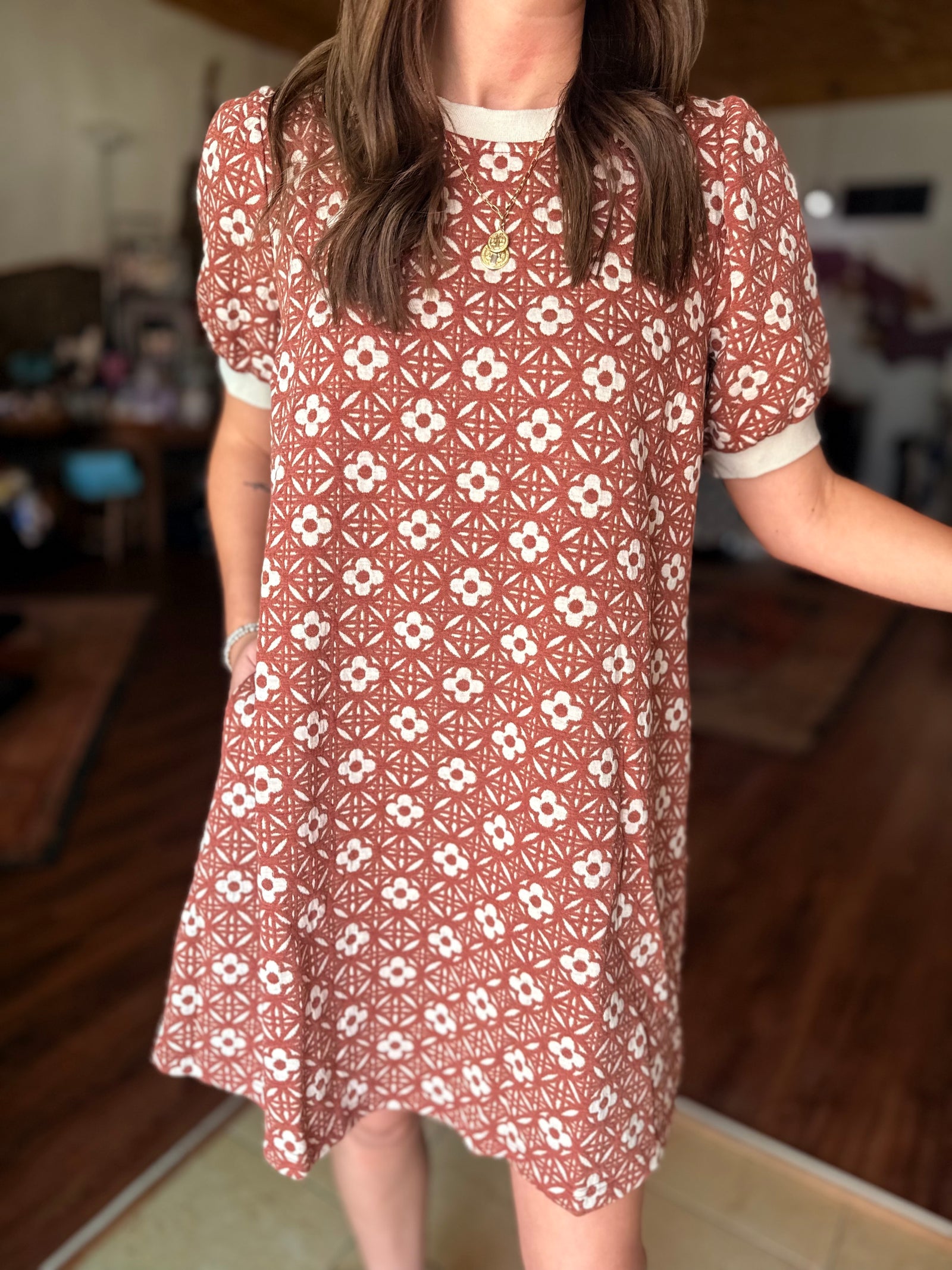 Umgee Rust Floral Textured Puff Sleeve Mini Dress