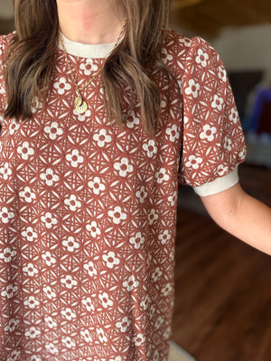 Umgee Rust Floral Textured Puff Sleeve Mini Dress