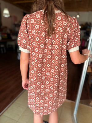 Umgee Rust Floral Textured Puff Sleeve Mini Dress