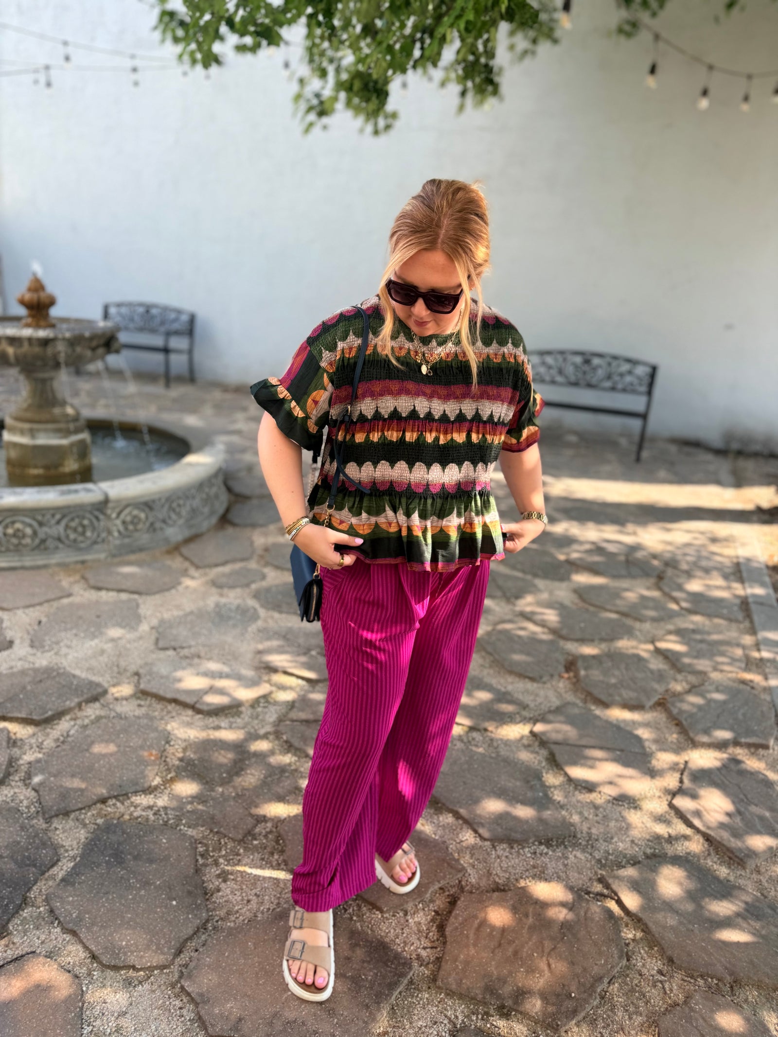 Umgee Magenta Striped Wide Leg Pull On Pants