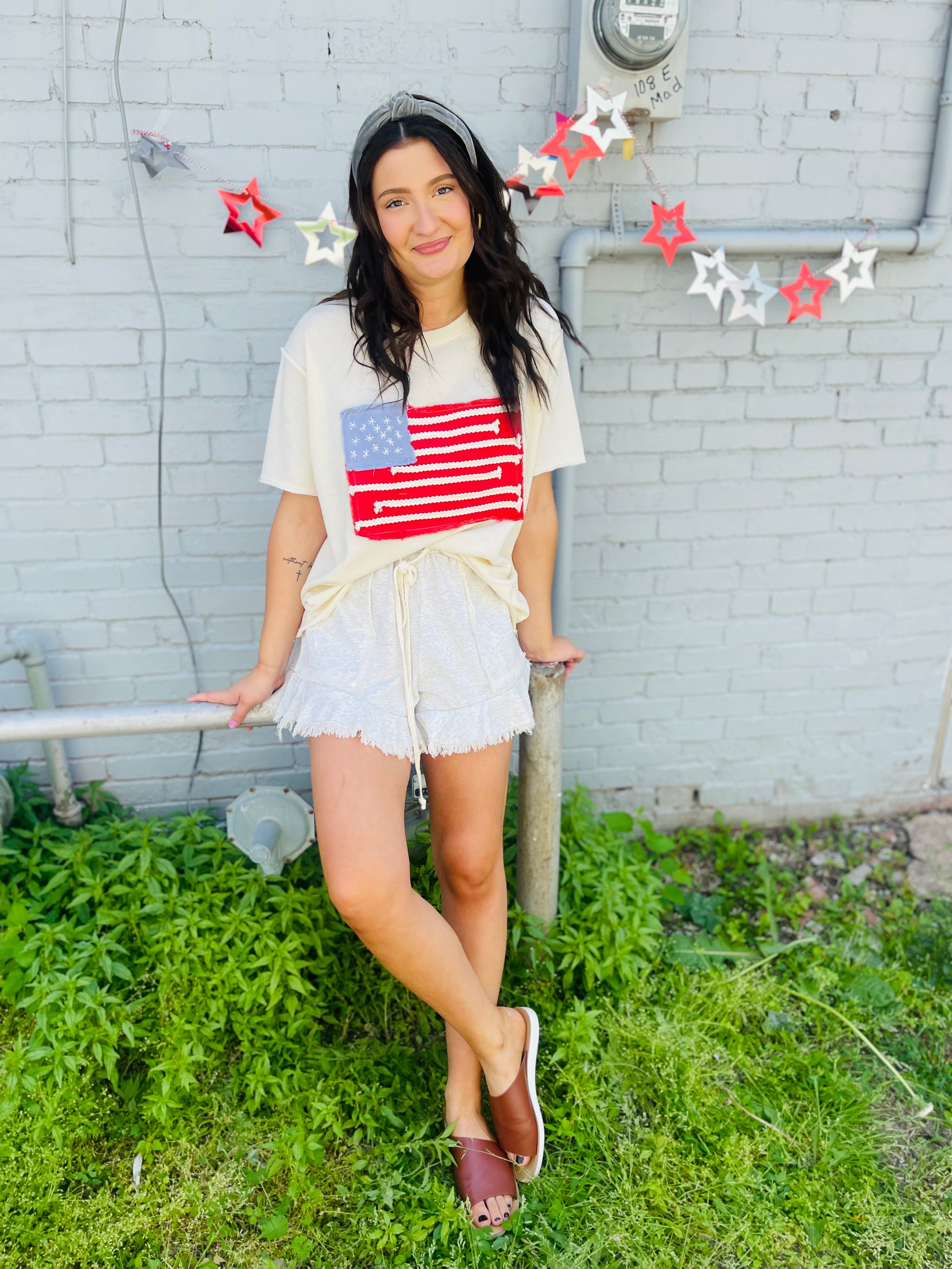 American Flag Patch Short Sleeve Top