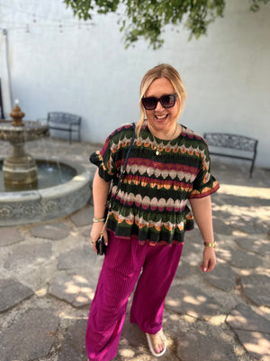 Umgee Magenta Striped Wide Leg Pull On Pants