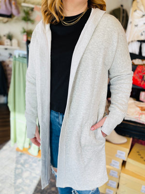 Grey Longline Hooded Cardigan w/ Fleece Lining