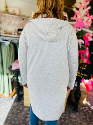 Grey Longline Hooded Cardigan w/ Fleece Lining