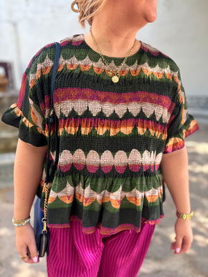 Umgee Olive Mix Smocked Abstract Print Peplum Top