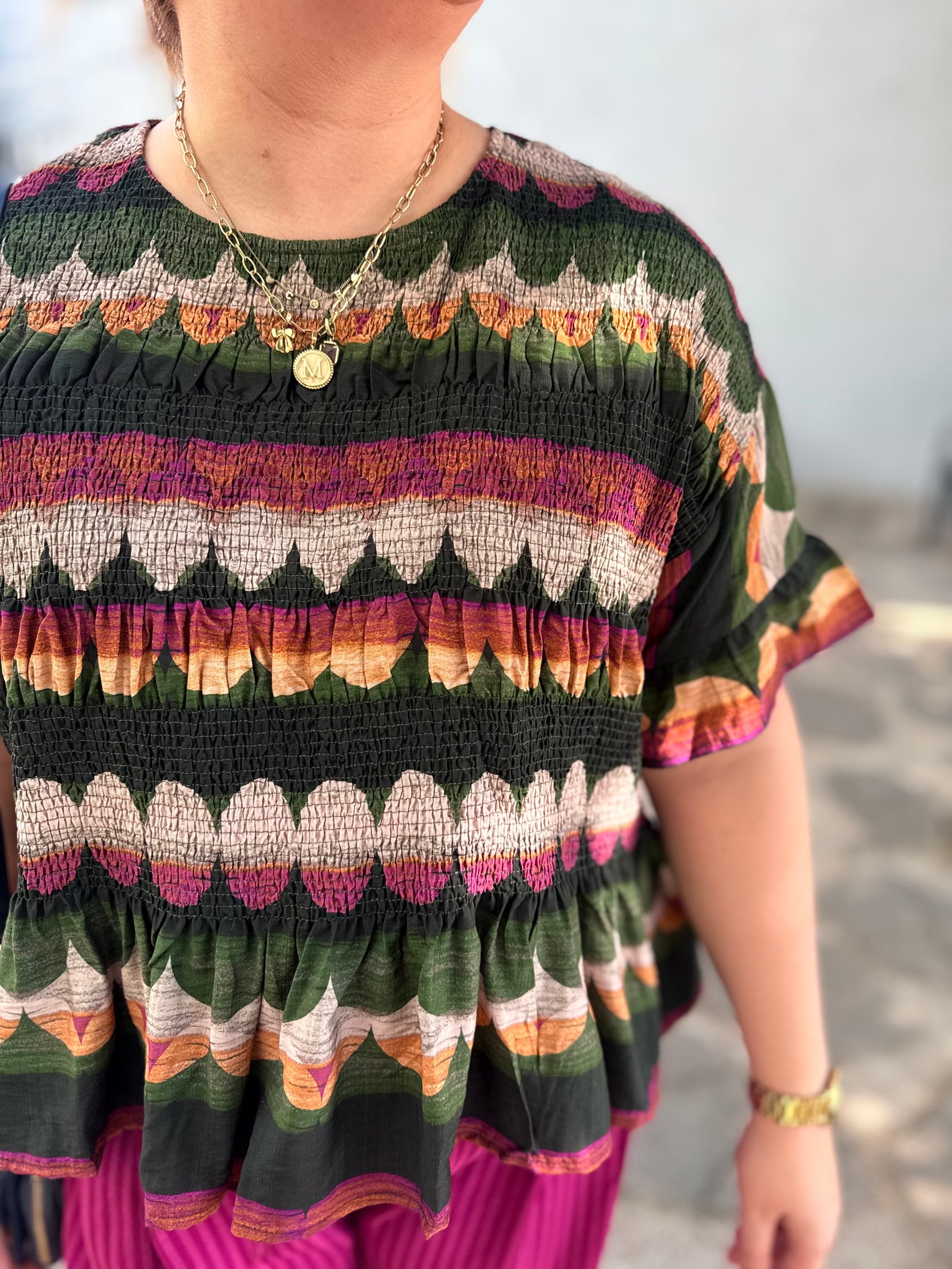 Umgee Olive Mix Smocked Abstract Print Peplum Top