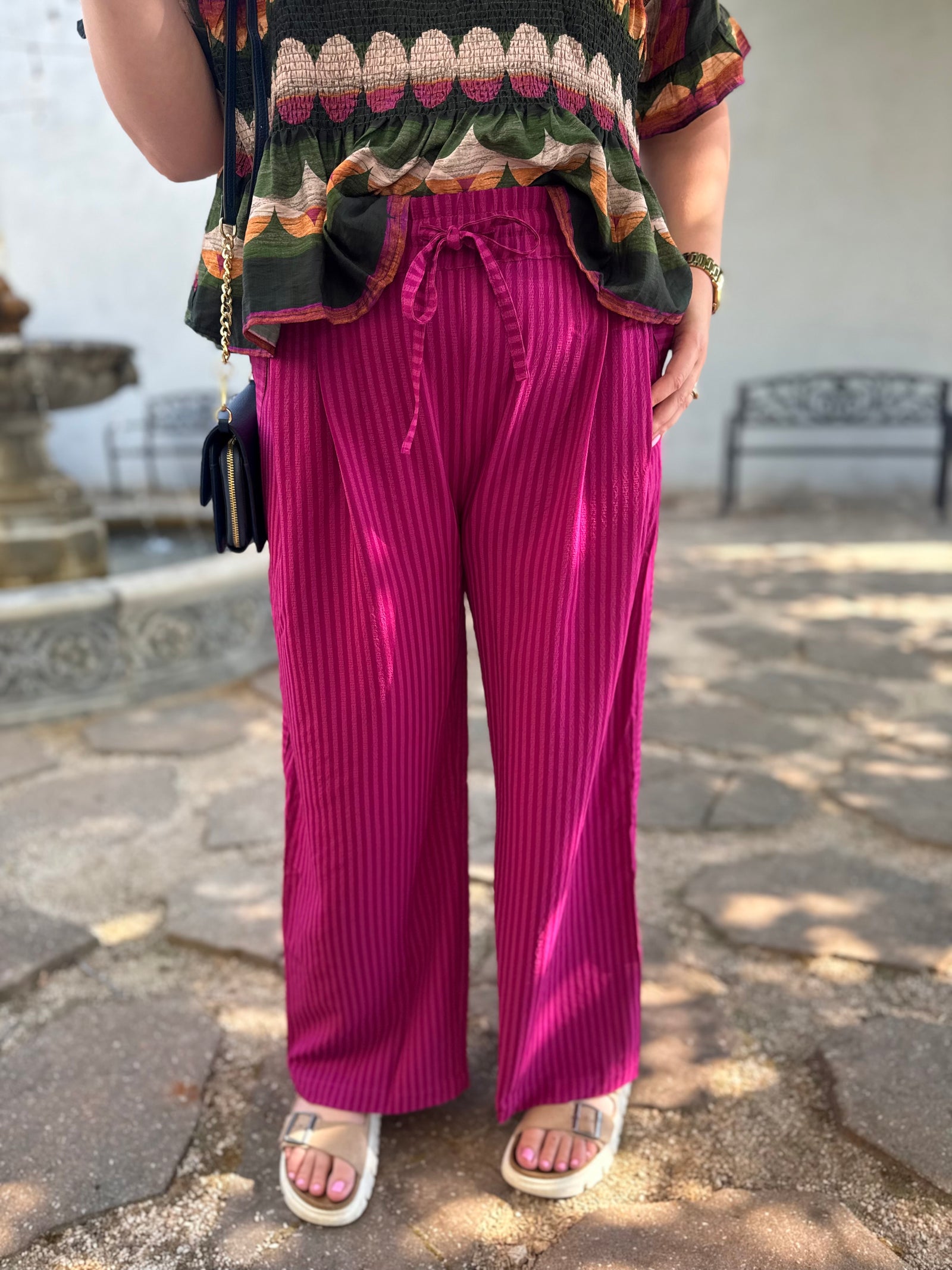 Umgee Magenta Striped Wide Leg Pull On Pants