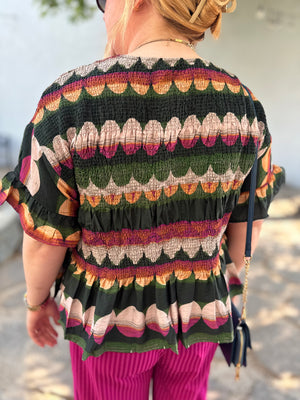 Umgee Olive Mix Smocked Abstract Print Peplum Top