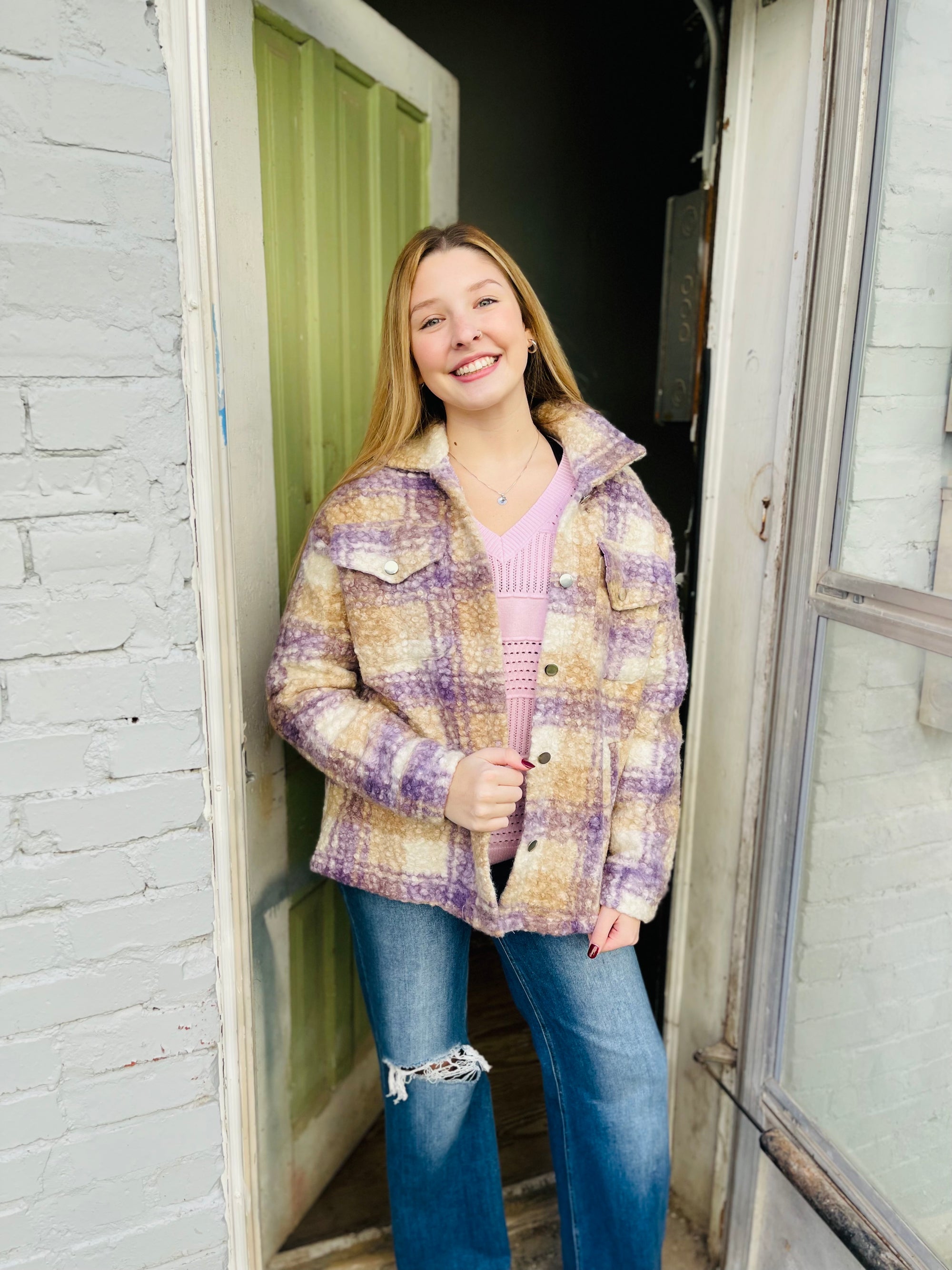 Lavender + Beige Plaid Boucle Jacket