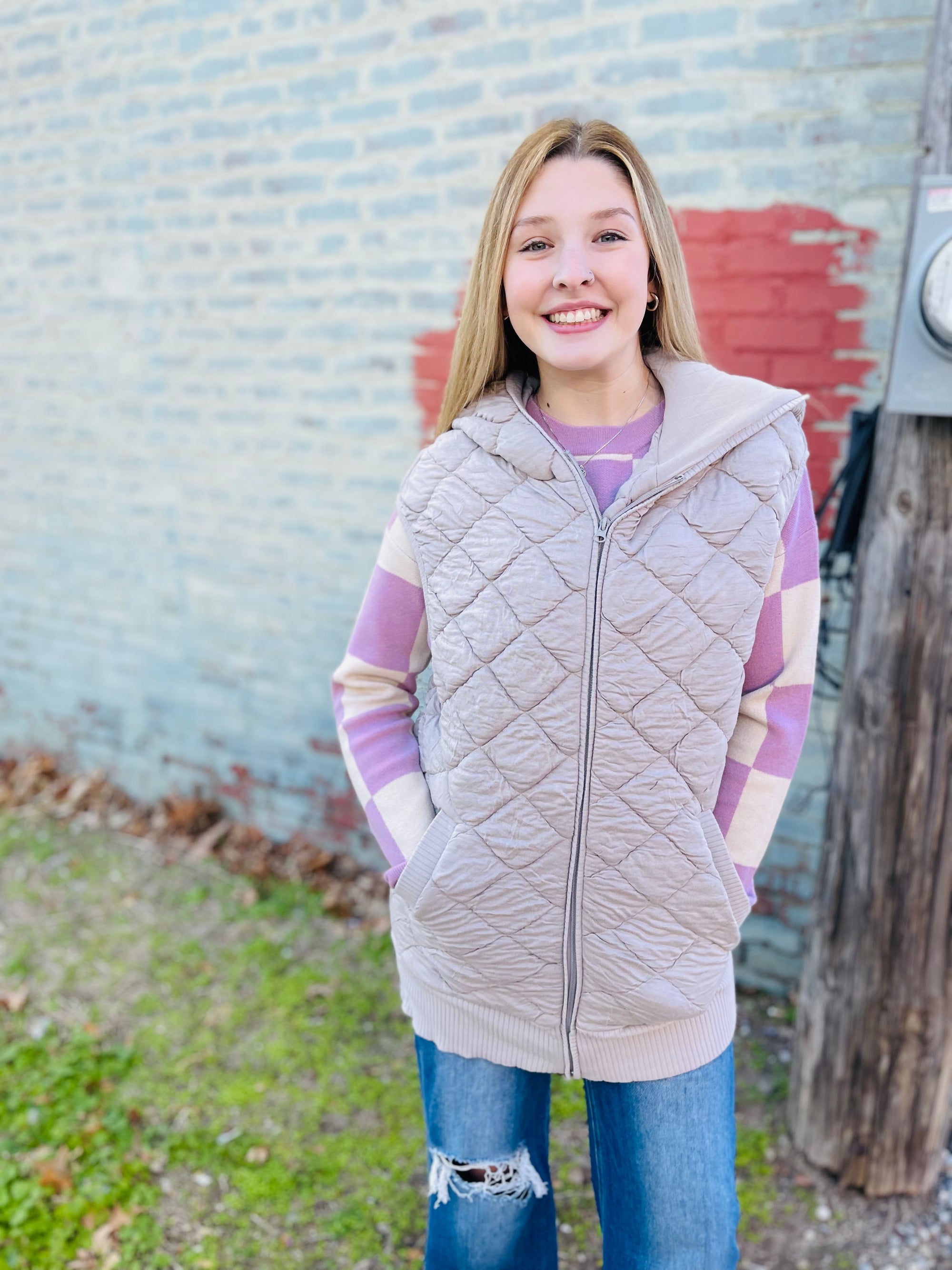 Taupe Oversized Quilted Fleece Vest w/ Hood