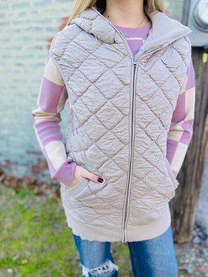 Taupe Oversized Quilted Fleece Vest w/ Hood