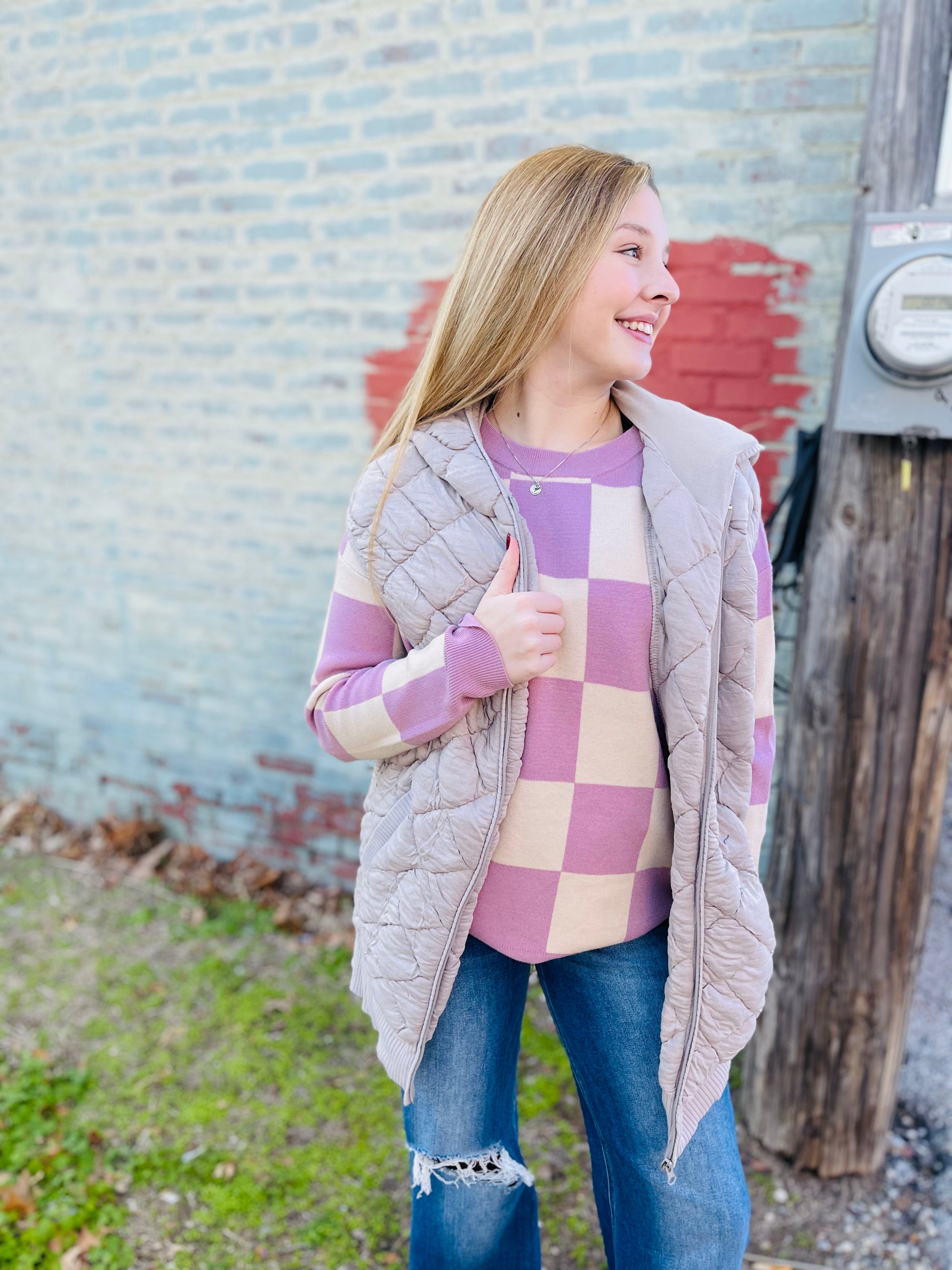 Taupe Oversized Quilted Fleece Vest w/ Hood