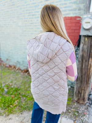 Taupe Oversized Quilted Fleece Vest w/ Hood