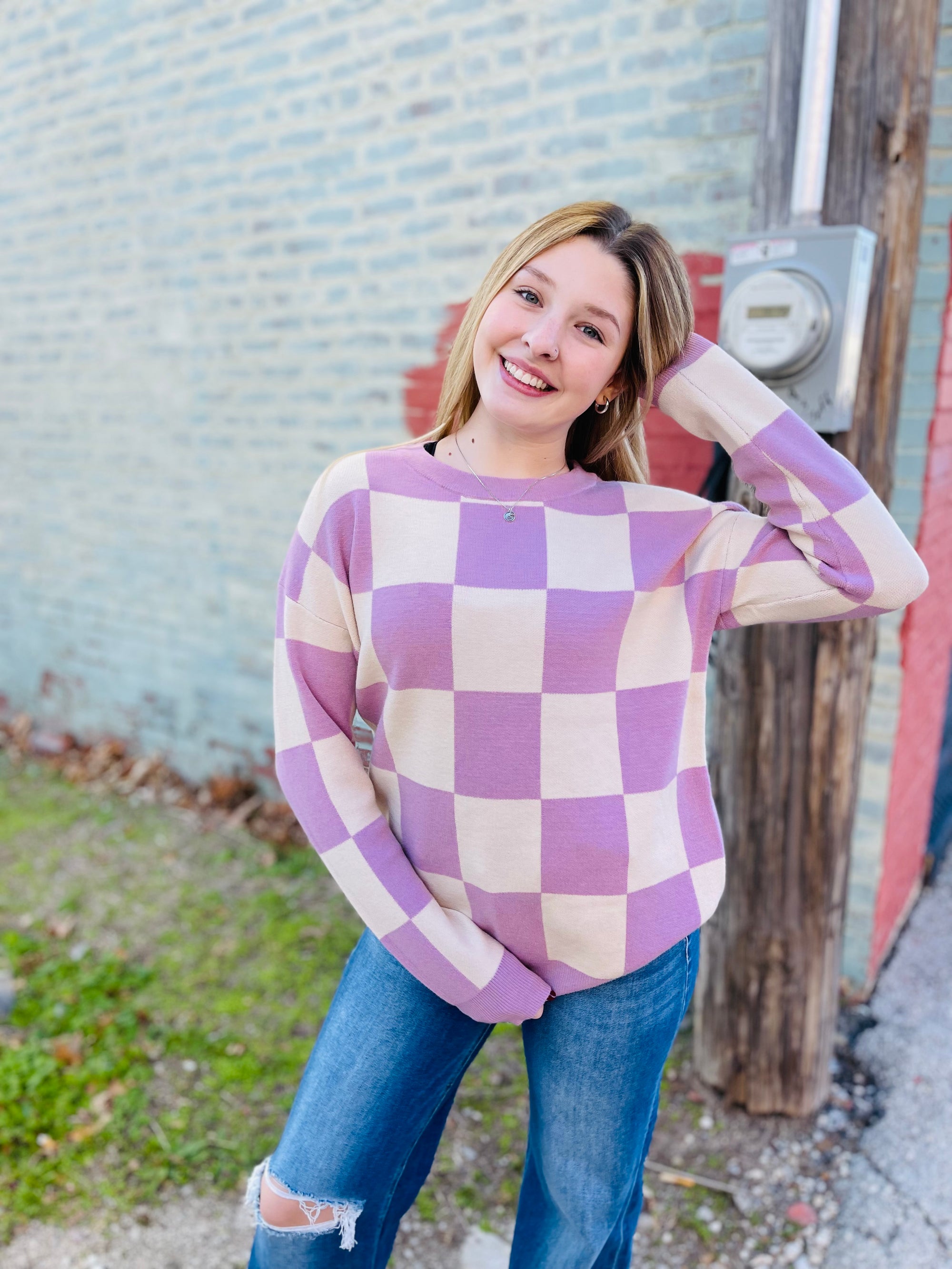 Dusty Lavender Checker Print Sweater