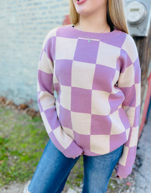 Dusty Lavender Checker Print Sweater