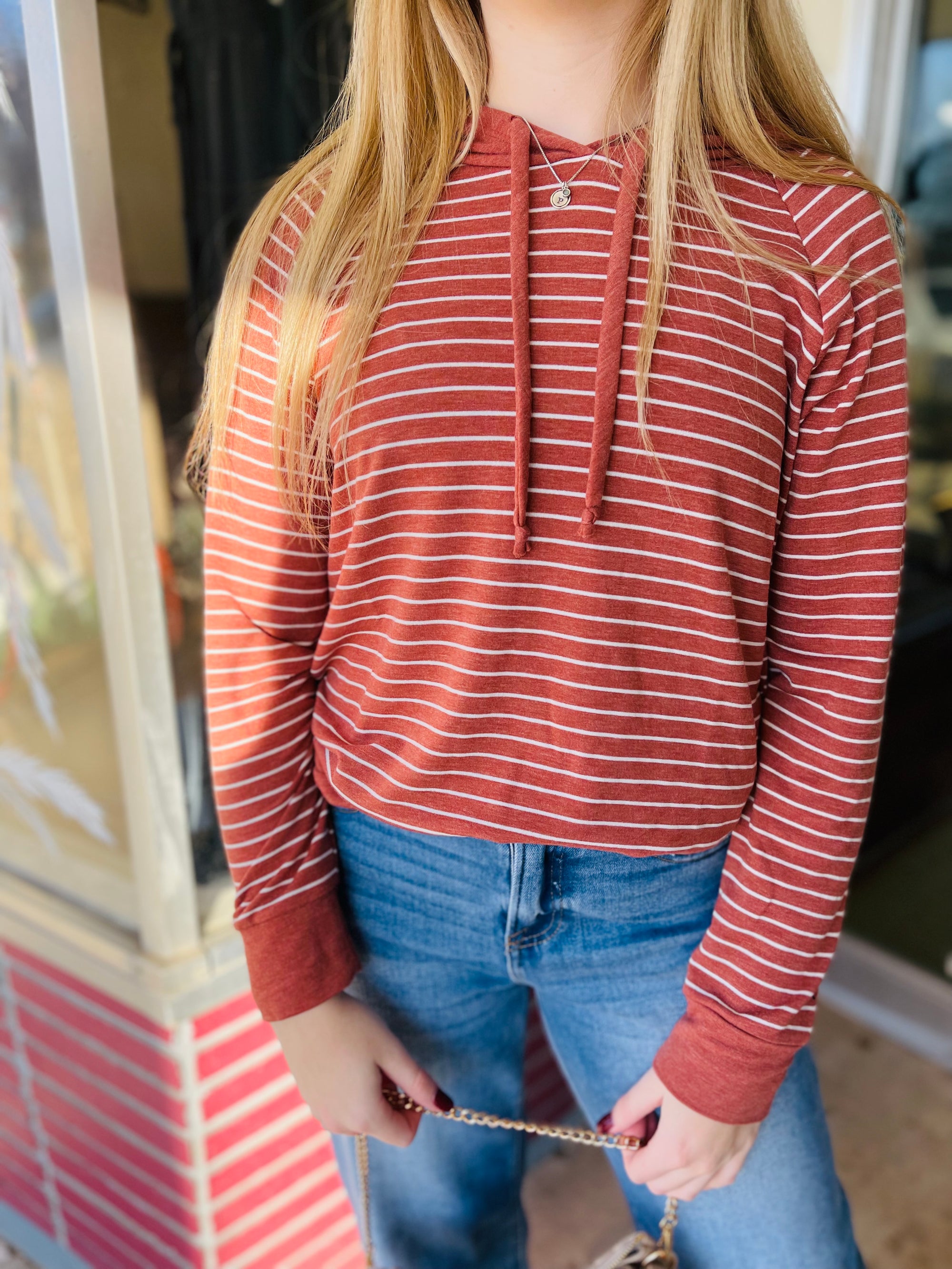 Rust Drawstring Striped Hooded Top