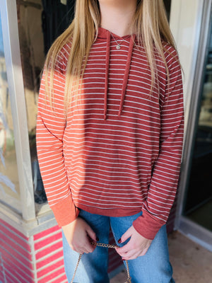 Rust Drawstring Striped Hooded Top