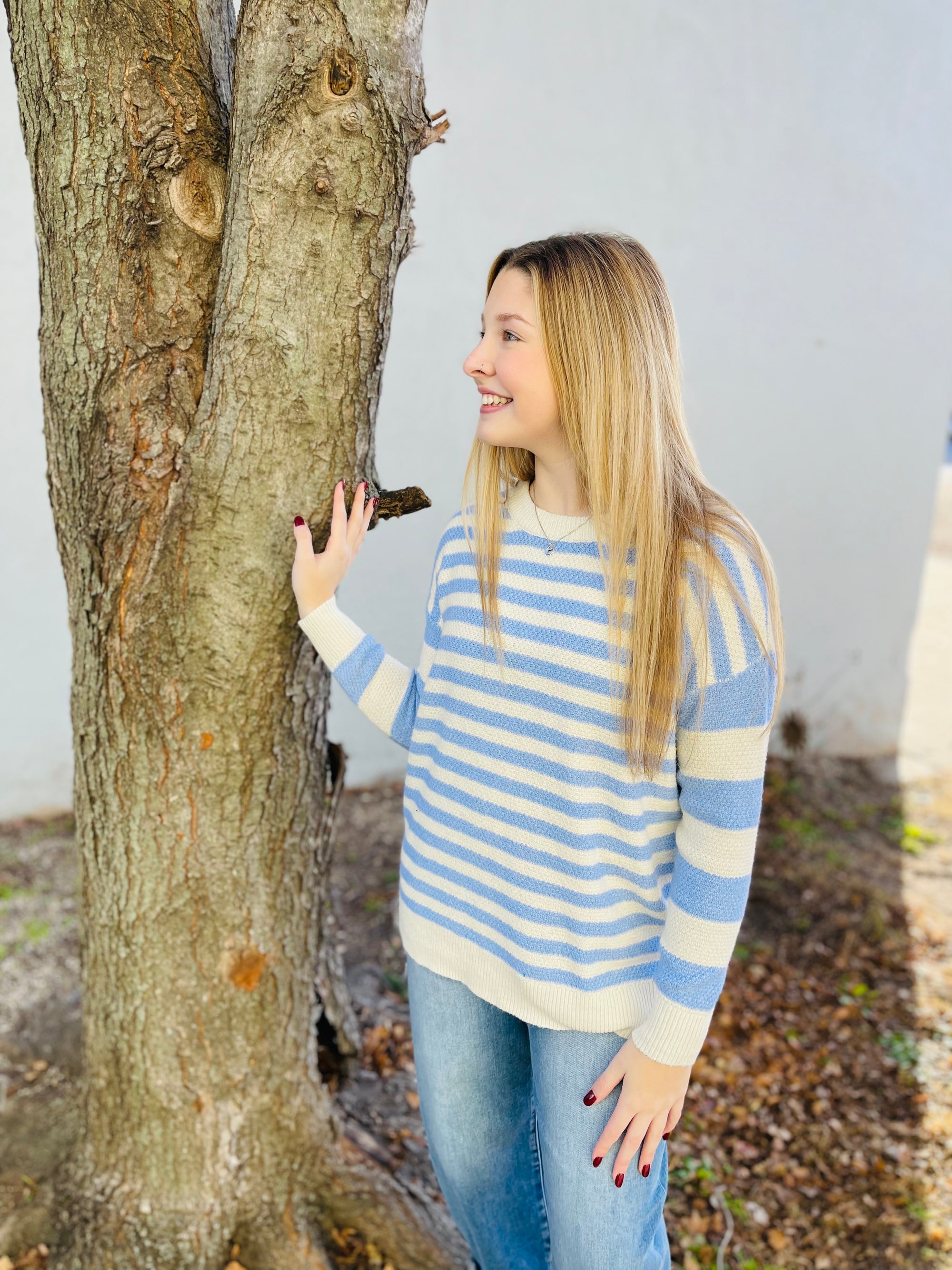 Blue Textured Stripe Crew Neck Sweater