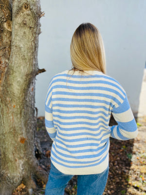 Blue Textured Stripe Crew Neck Sweater