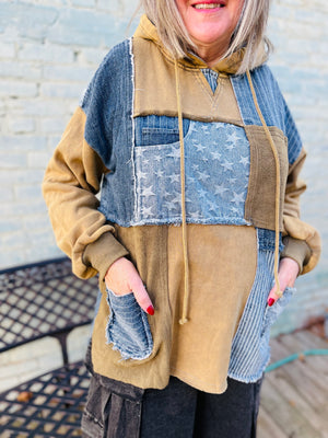 Oli + Hali Olive Washed Denim Patchwork Hoodie