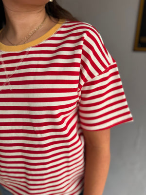 Red Stripe Knit Top w/ Yellow Collar Detail