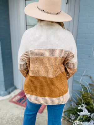 Camel Ribbed Color Block Turtleneck Sweater