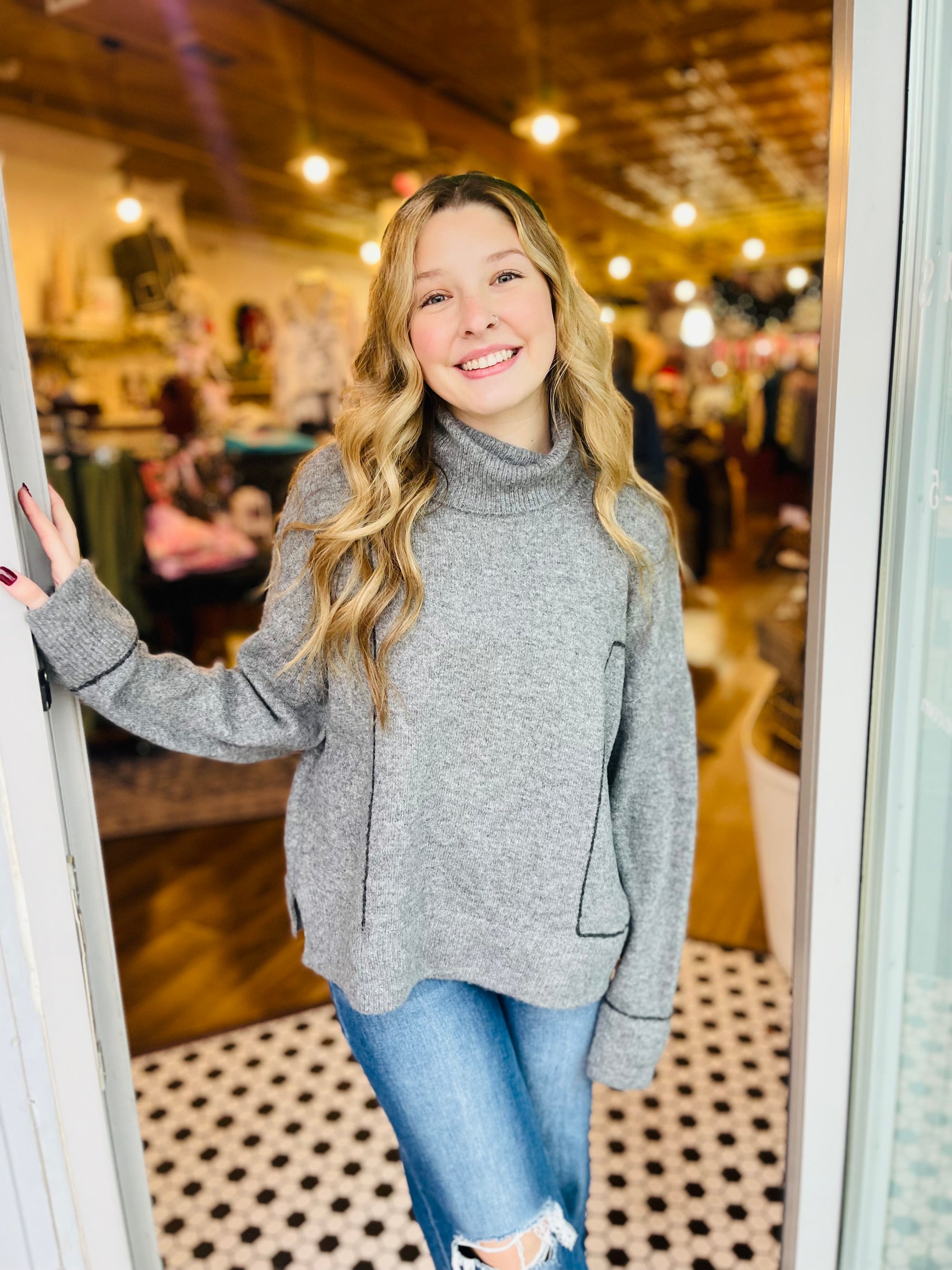 Heather Gray Line Detail Turtleneck Sweater