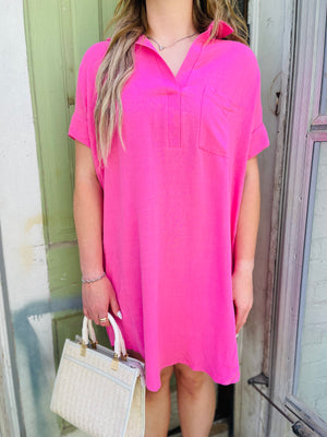 Short Sleeve Collared Woven Dress - Hot Pink
