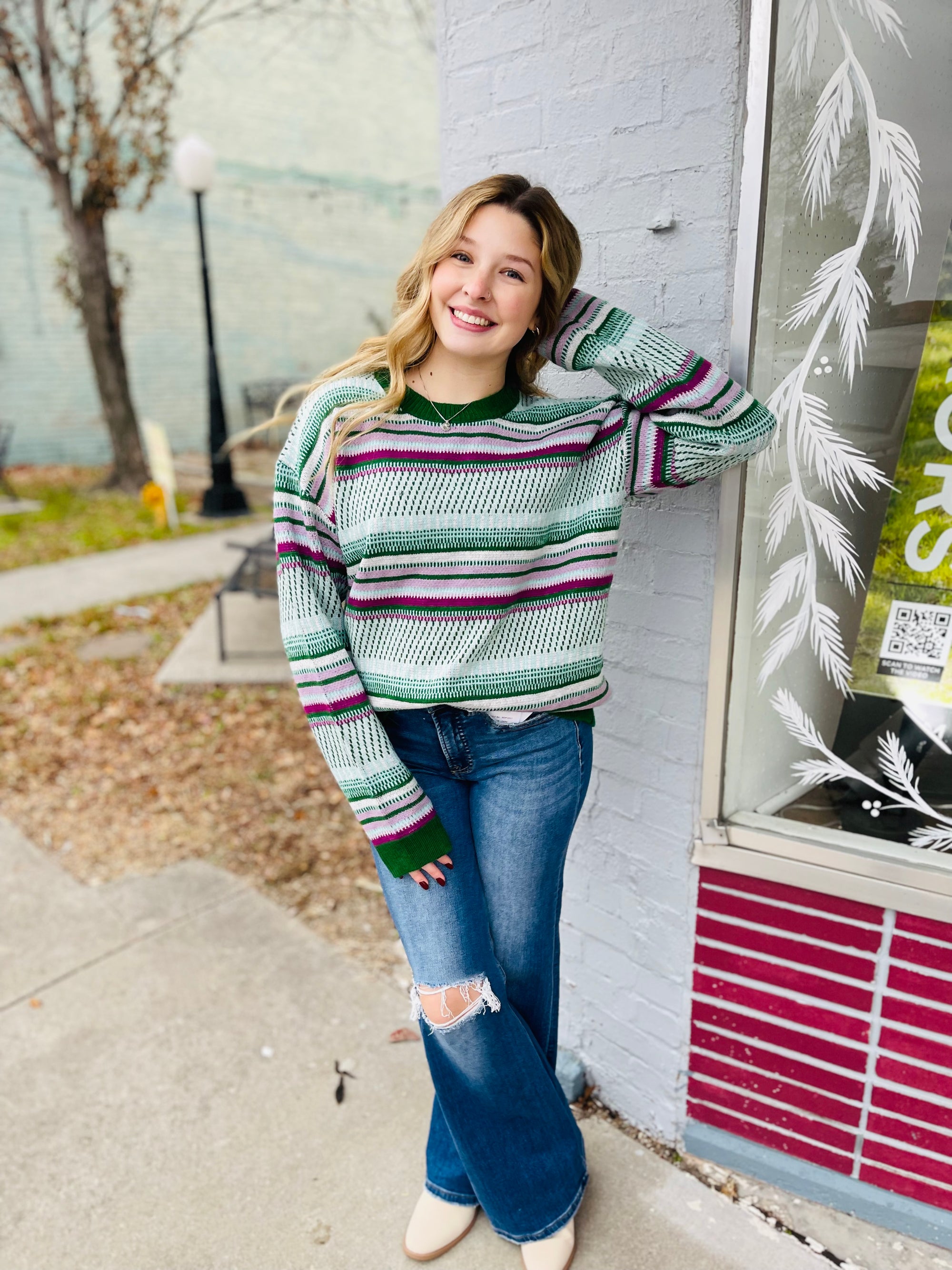 Green + Purple Vintage Striped Crewneck Sweater