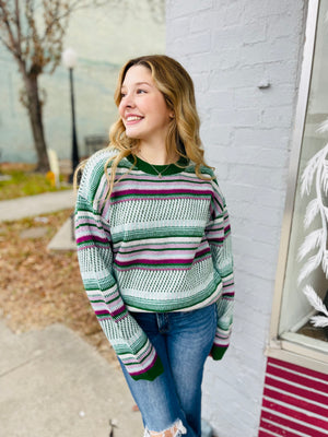 Green + Purple Vintage Striped Crewneck Sweater