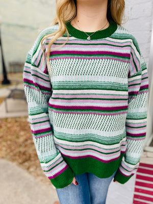 Green + Purple Vintage Striped Crewneck Sweater