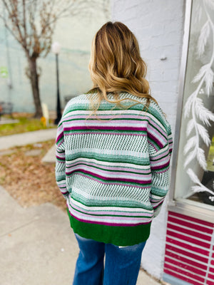 Green + Purple Vintage Striped Crewneck Sweater