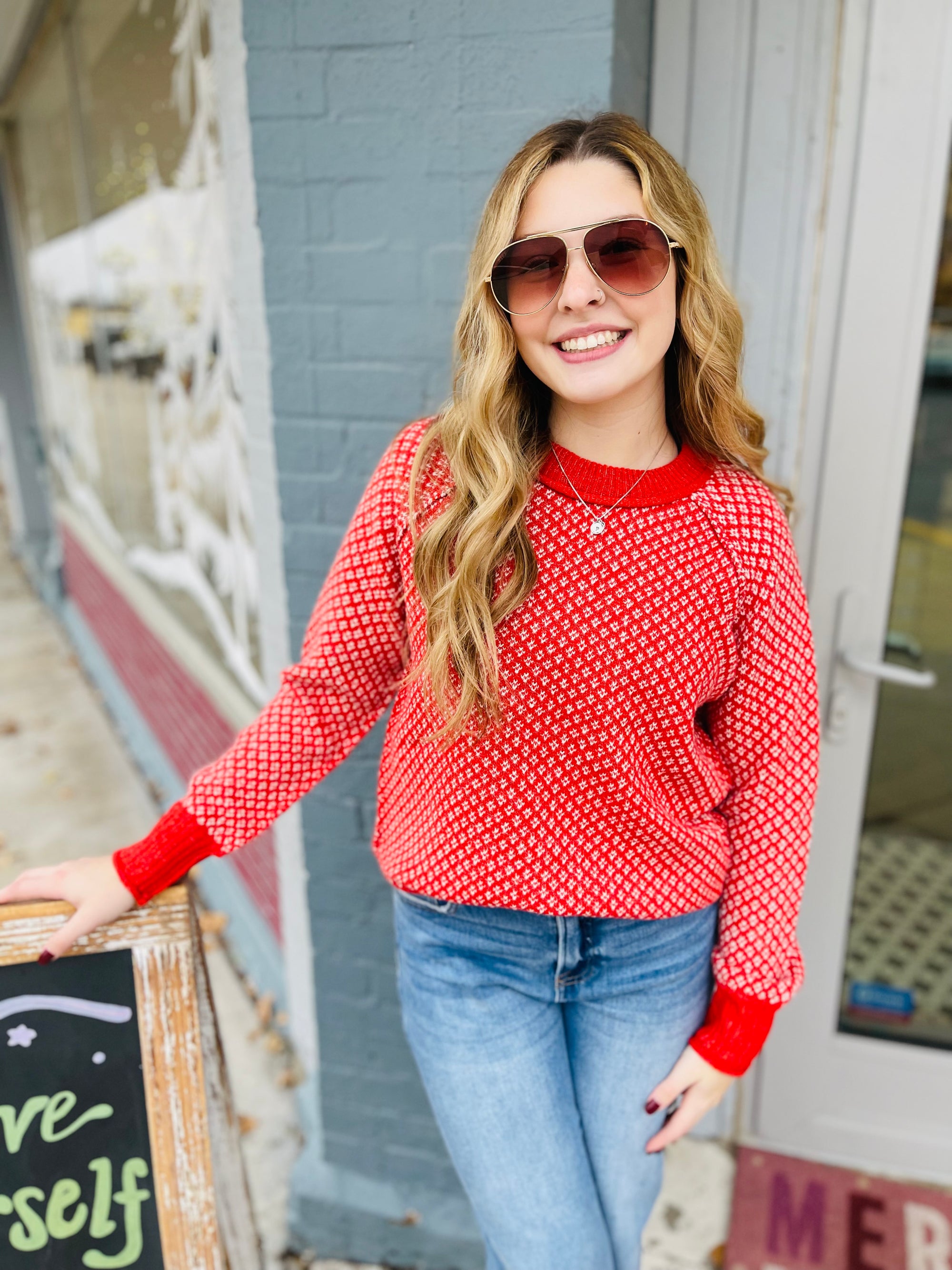 Red Texture Detail Crew Neck Sweater