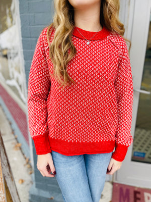 Red Texture Detail Crew Neck Sweater