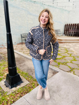 Navy Cotton Floral Print Quilted Jacket