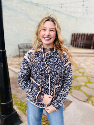 Navy Cotton Floral Print Quilted Jacket