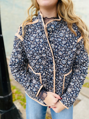 Navy Cotton Floral Print Quilted Jacket