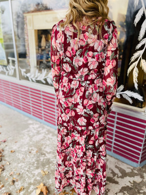 Burgundy Floral Print V-Neck Ruffle Maxi Dess