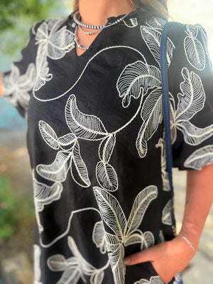She + Sky Black Puff Sleeve Woven Dress w/ Floral Embroidery