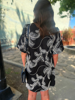 She + Sky Black Puff Sleeve Woven Dress w/ Floral Embroidery